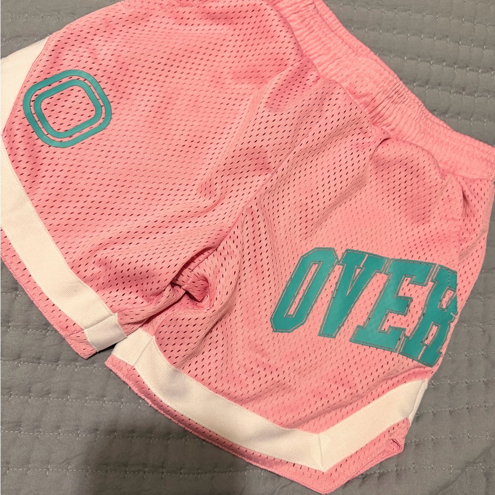 Overtime YM Pink Mesh Kids Athletic Shorts with Teal Accent